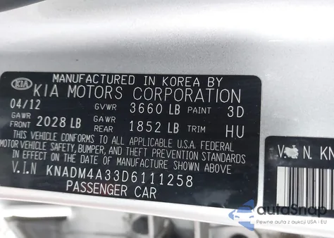 2013 Kia Rio Lx из США, поврежденный, VIN KNADM4A33D6111258